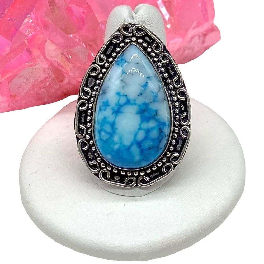 Marine Blue Dendritic Opal Ring Size 9.5 925 Sterling Silver Overlay Stone